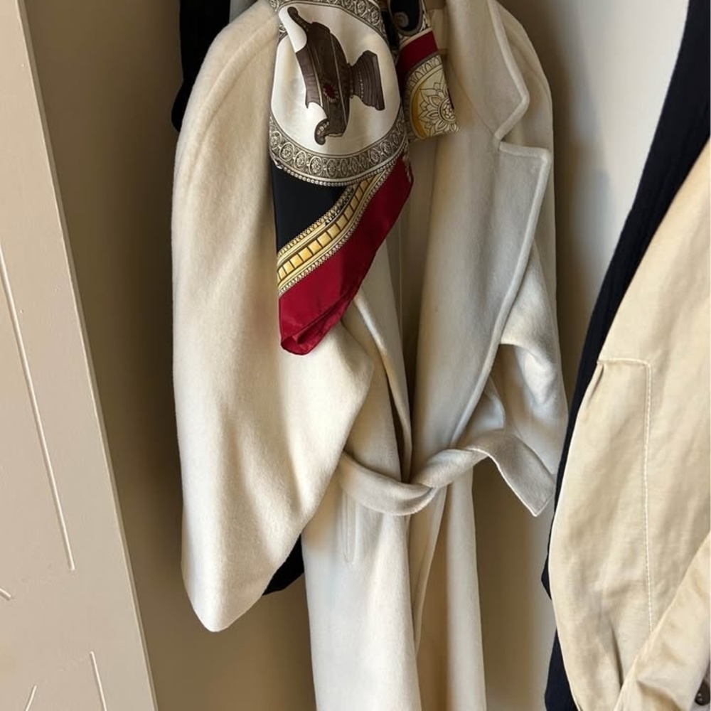 Holt Renfrew Elegant White Long Wool Wrap Coat Belted Wool Overcoat
